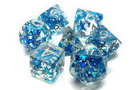 Old School 7 Piece DnD RPG Dice Set: Infused - Blue Butterfly w/ Silver - Blind Eternities Games and Hobby Shop