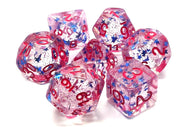Old School 7 Piece DnD RPG Dice Set: Infused - Blue Stars w/ Red - Blind Eternities Games and Hobby Shop