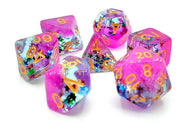 Old School 7 Piece DnD RPG Dice Set: Infused - Mixed Stars w/ Purple & Gold - Blind Eternities Games and Hobby Shop